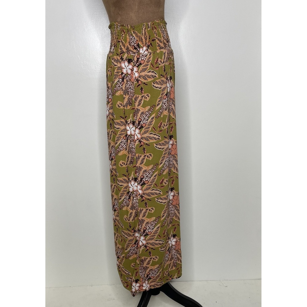 Women's Wide Leg Palazzo Flowy Pants Boho Size L Olive Green Floral Tropical - Picture 4 of 14